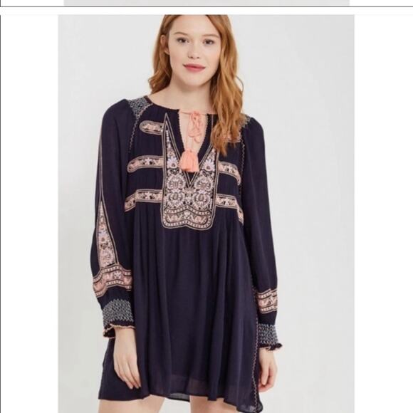 Free People Wind Willow Embroidered Navy Long Sleeve Mini Peasant Dress XS - Picture 1 of 12